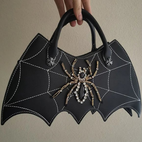 Spider Rhinestones Leather Shoulder Bag Handbag | Halloween Cosplay Gothic Style - Picture 2 of 6